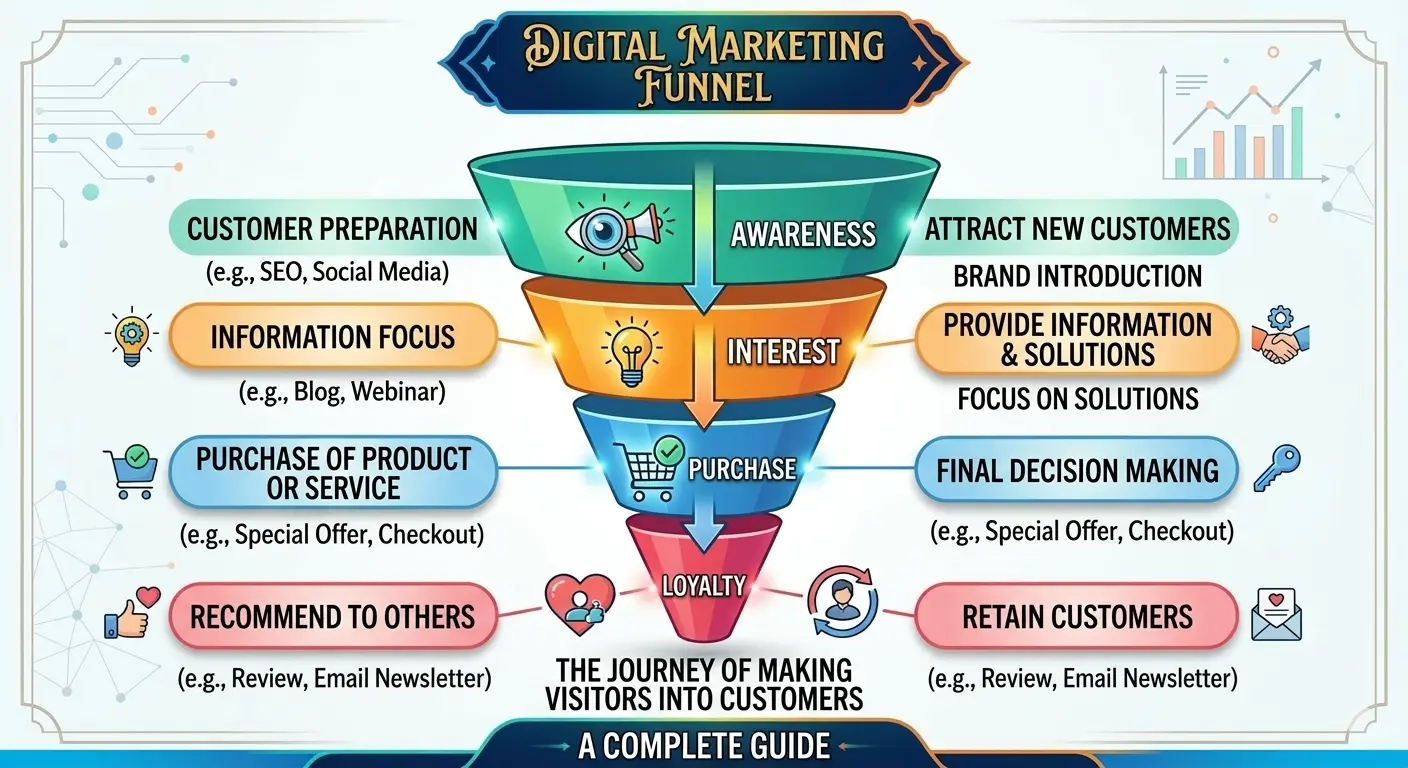 Digital marketing funnel showing stages like awareness, consideration and conversion.