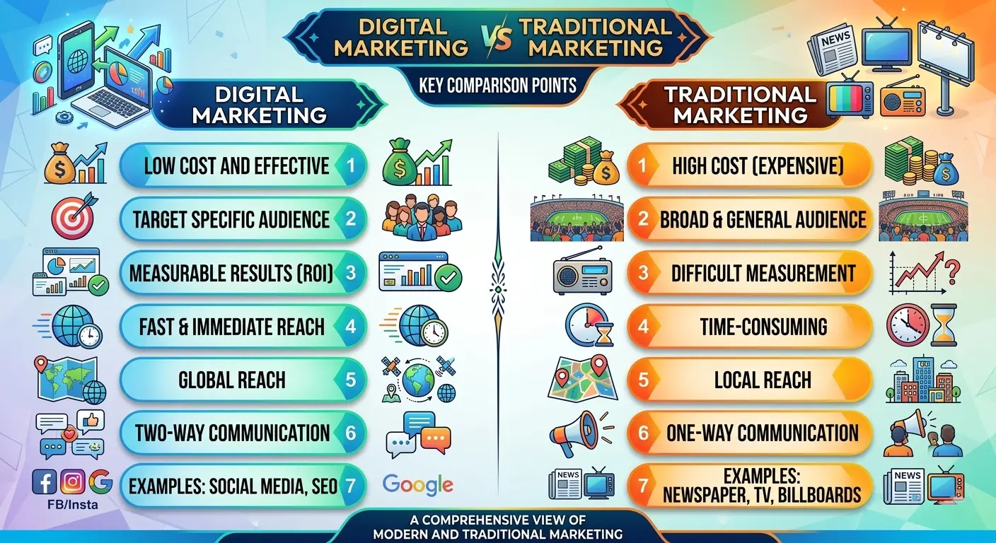 Traditional vs digital marketing comparison chart explaining types of marketing and their main differences.