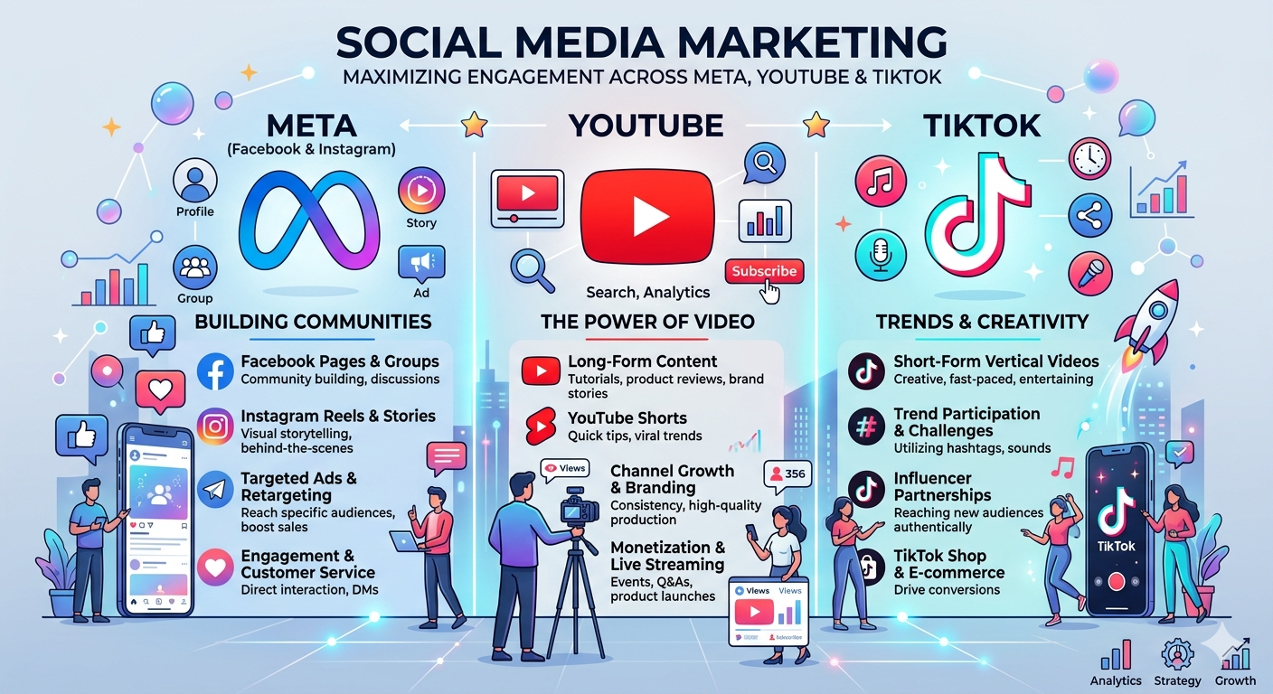 A comprehensive 2026 Digital Marketing Roadmap infographic featuring strategic pillars for Meta, YouTube, and TikTok. The design shows community building for Facebook and Instagram, search authority for YouTube, and viral trend strategies for TikTok, presented in a clean, professional corporate style.